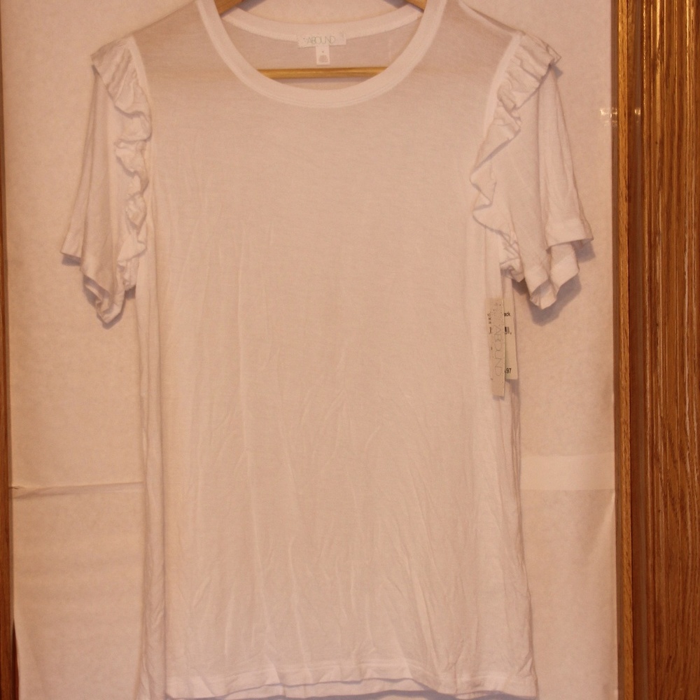 FREE with Bundle White Basic Crew Neck Tee with Ruffle Sleeves